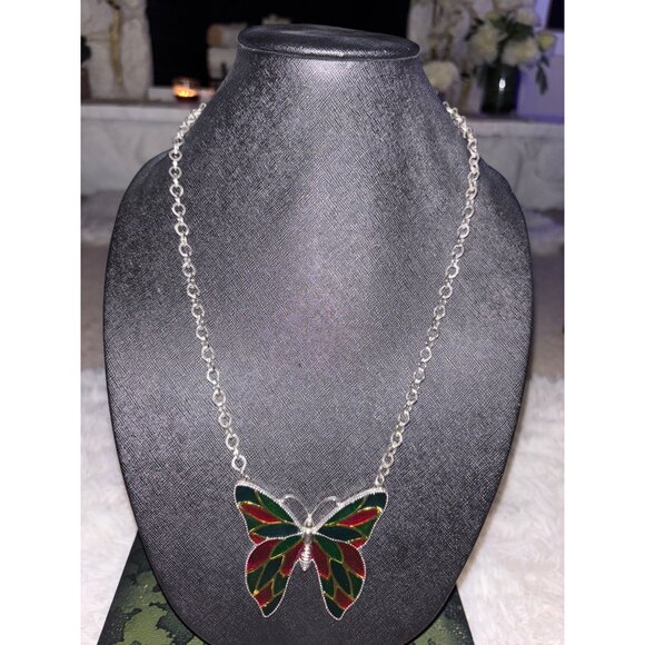 Silver Butterfly Suncatcher Necklace With Red & Green Stained Glass Design On Ch - Picture 12 of 12